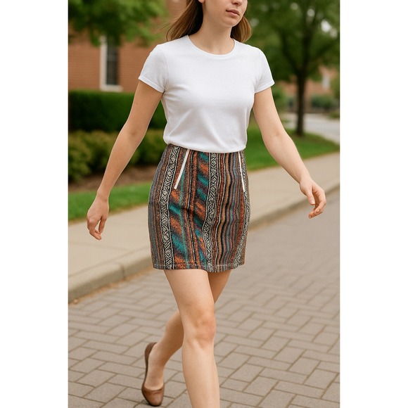 Maje Paris Woven Multicolor Mini Skirt w/ Leather Trim Size 38 (US 6) - Picture 1 of 16